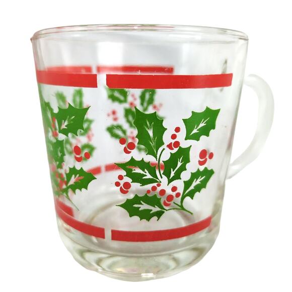 Set of 4 Vintage Durax Christmas Holly Tempered Glass Mugs Argentina Holiday - Picture 3 of 9